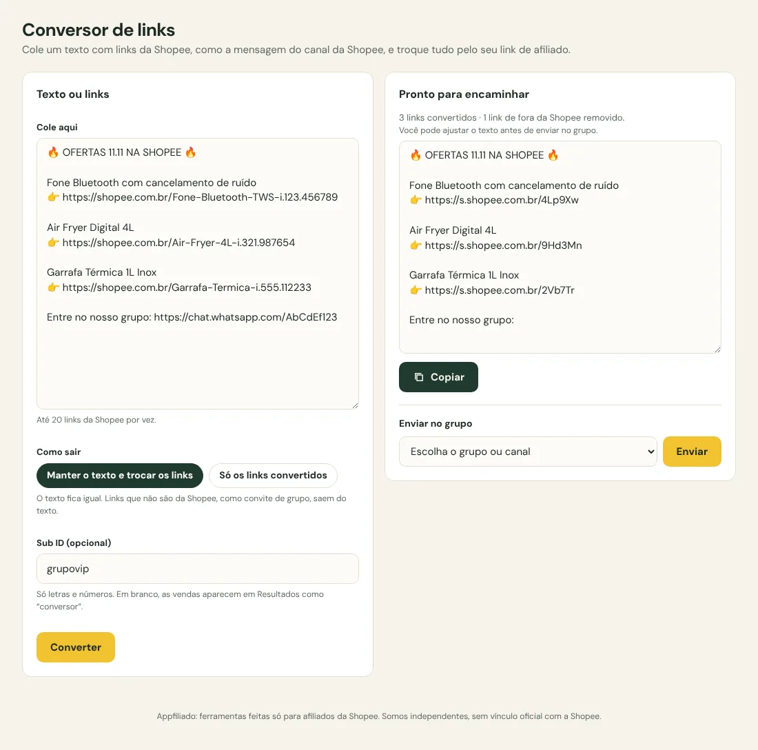 Tela do Conversor de links com o texto convertido