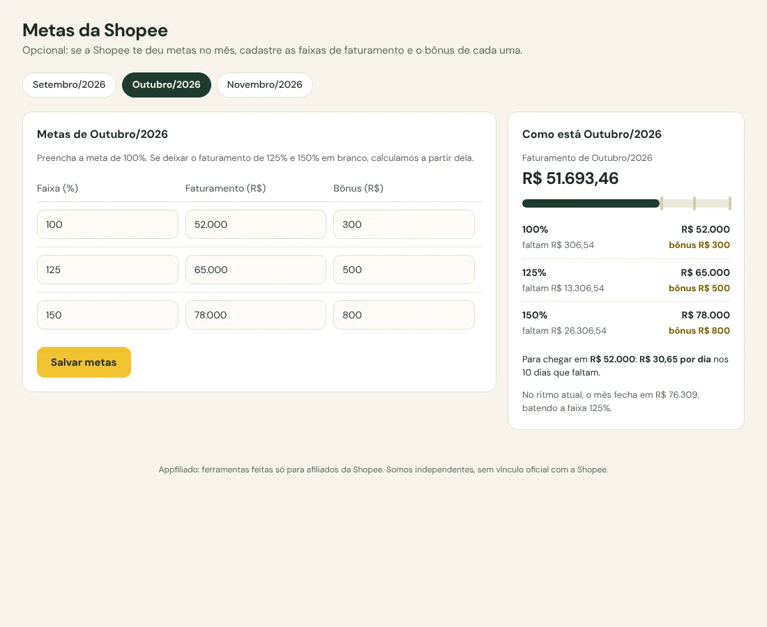 Tela de metas da Shopee