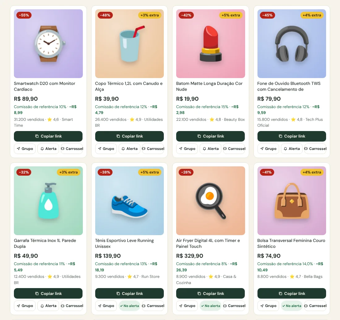 Produtos do Radar de ofertas com comissão e desconto