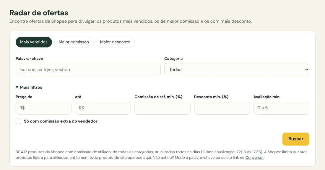 Tela de filtros do Radar de ofertas